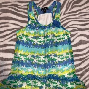 Flowy Floral Blue Green White Shirt Top w Flower